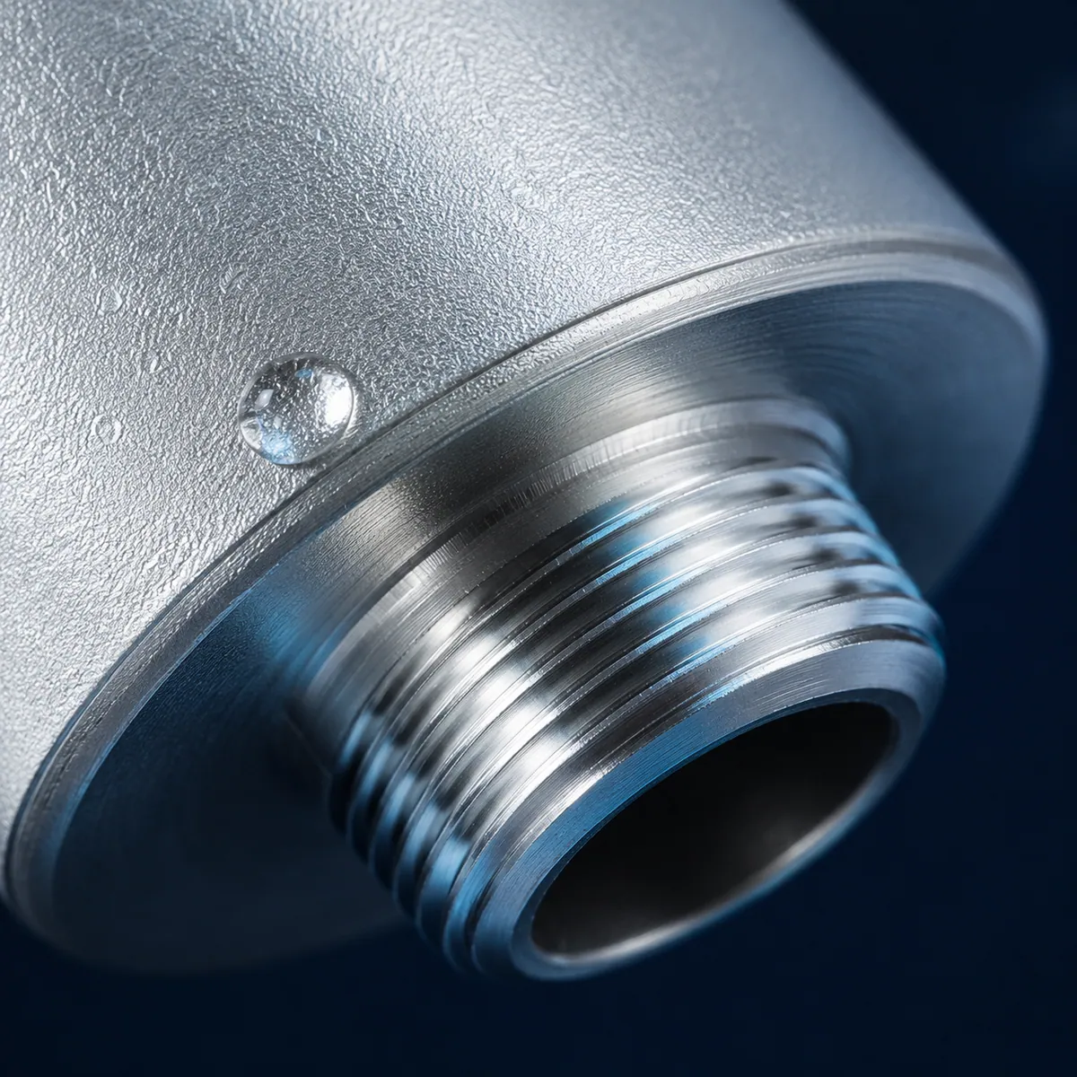 Close-up of the engineered metal threads on the filter