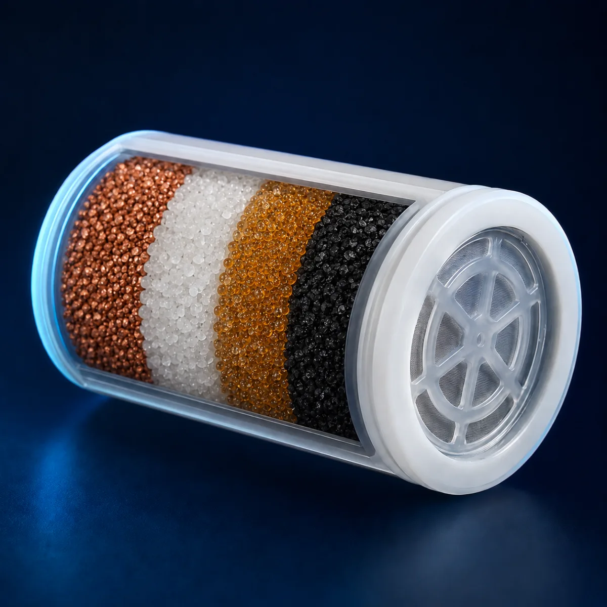 Cross-section of an Eagle Reborn replacement cartridge, showing the layered white ceramic, black KDF-55, amber and clear filtration media inside the housing