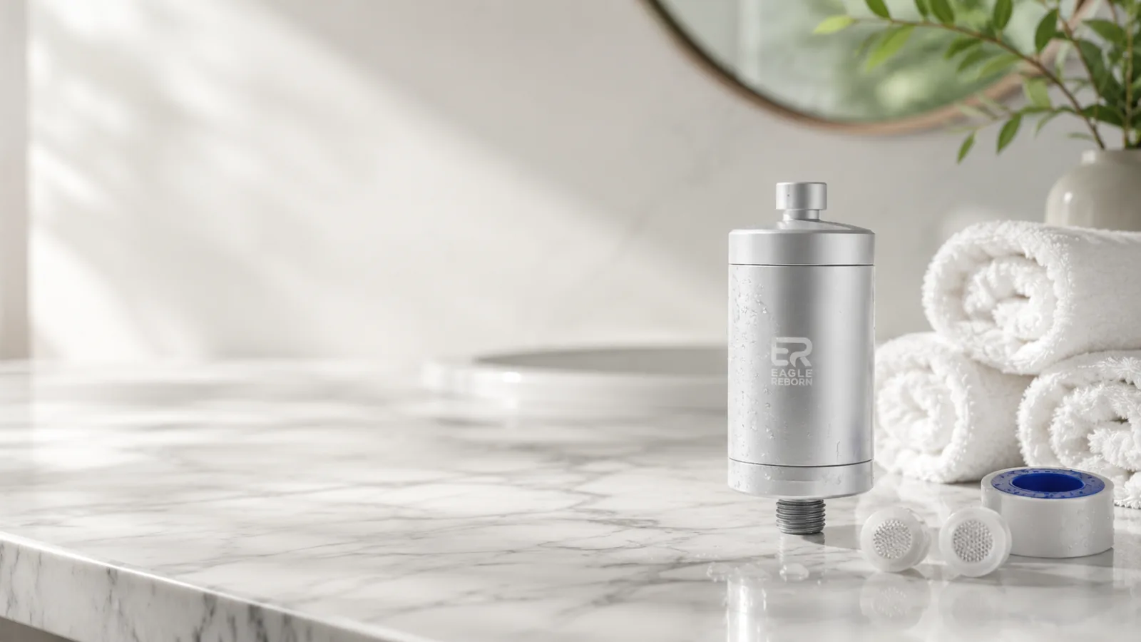 The anodised-aluminium Eagle Reborn shower filter on a marble bathroom benchtop beside rolled white towels, with spare washers and thread tape