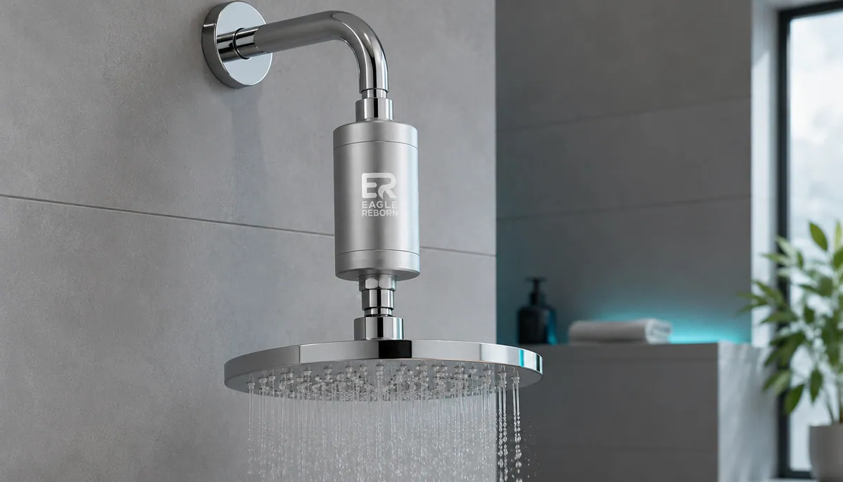 Eagle Reborn filter installed inline above a chrome showerhead, water flowing