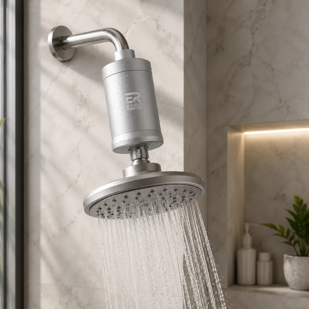 The Eagle Reborn filter installed between a shower arm and a rain head, water flowing at full pressure