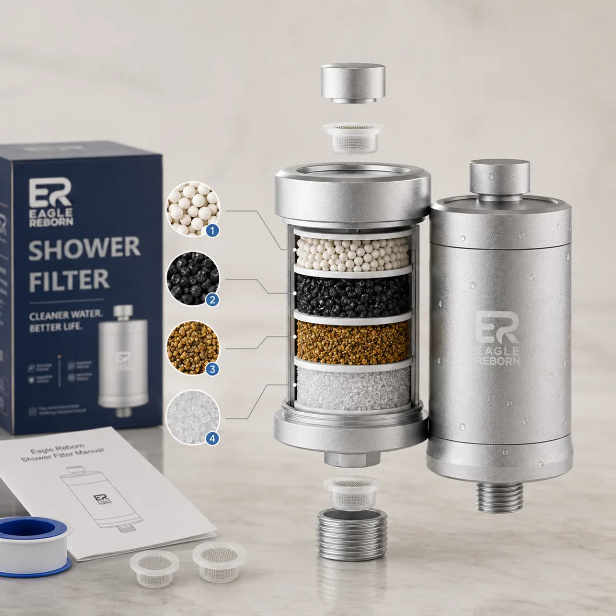 Cutaway of the filter showing four numbered layers of filtration media inside the anodised aluminium housing