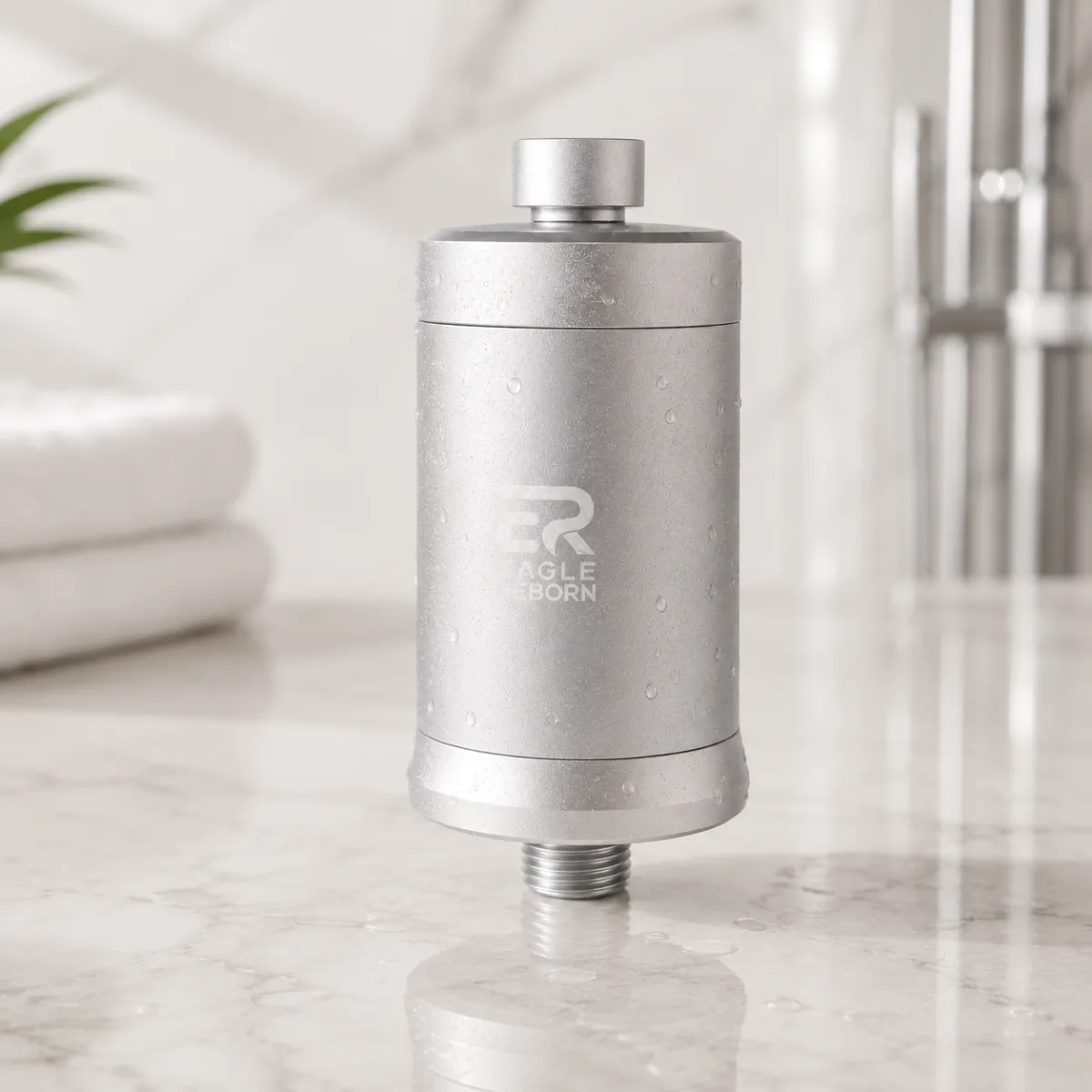 The anodised-aluminium filter standing on a marble surface with water droplets across its brushed body