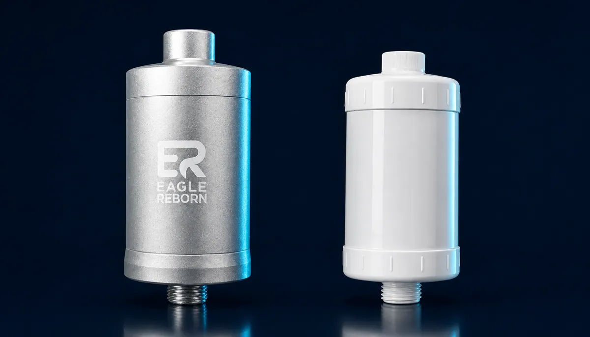 The anodised-aluminium Eagle Reborn filter beside a typical cheap white plastic shower filter